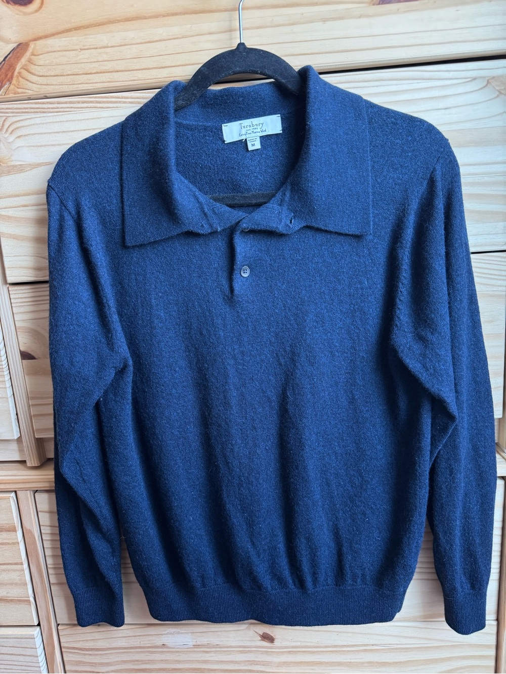 Turnbury Men’s Navy V-Neck Polo Sweater Merino Wool Small